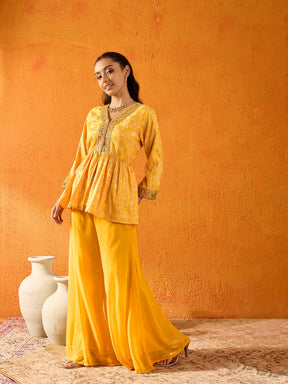 Yellow Brocade V-Neck Peplum Top With Palazzos-Noh.Voh