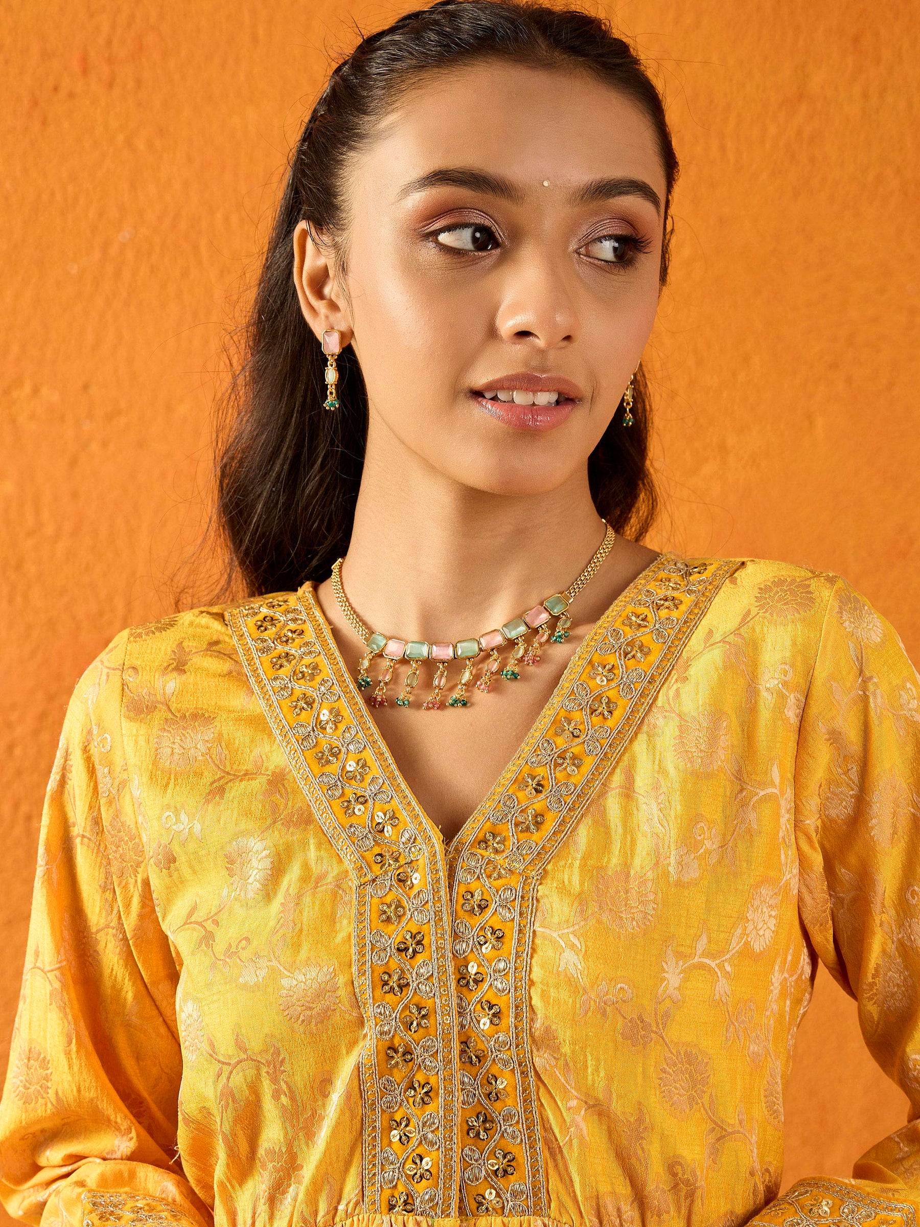 Yellow Brocade V-Neck Peplum Top With Palazzos-Noh.Voh