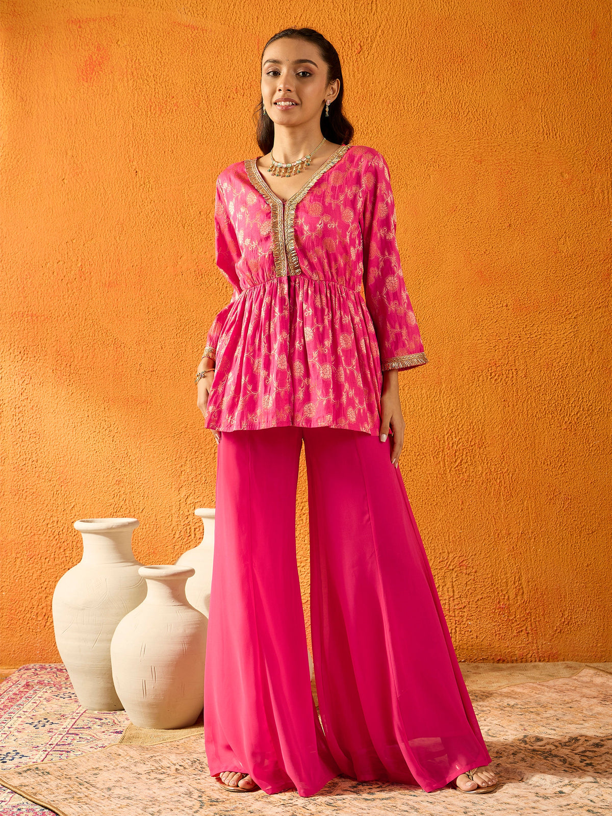 Fuchsia Brocade V- Neck Peplum Top With Palazzos-Noh.Voh