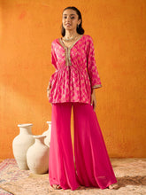 Fuchsia Brocade V- Neck Peplum Top With Palazzos-Noh.Voh