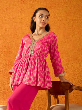 Fuchsia Brocade V- Neck Peplum Top With Palazzos-Noh.Voh