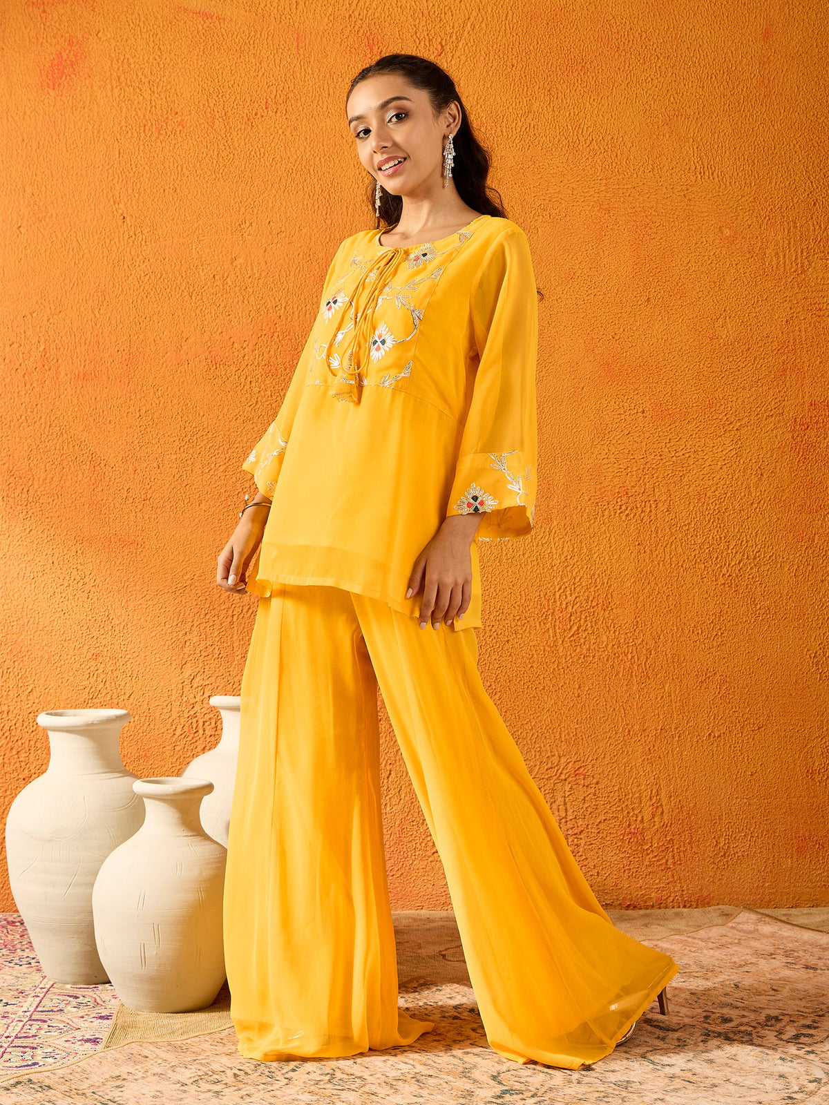 Yellow Gota Embroidered Top With Palazzos-Noh.Voh