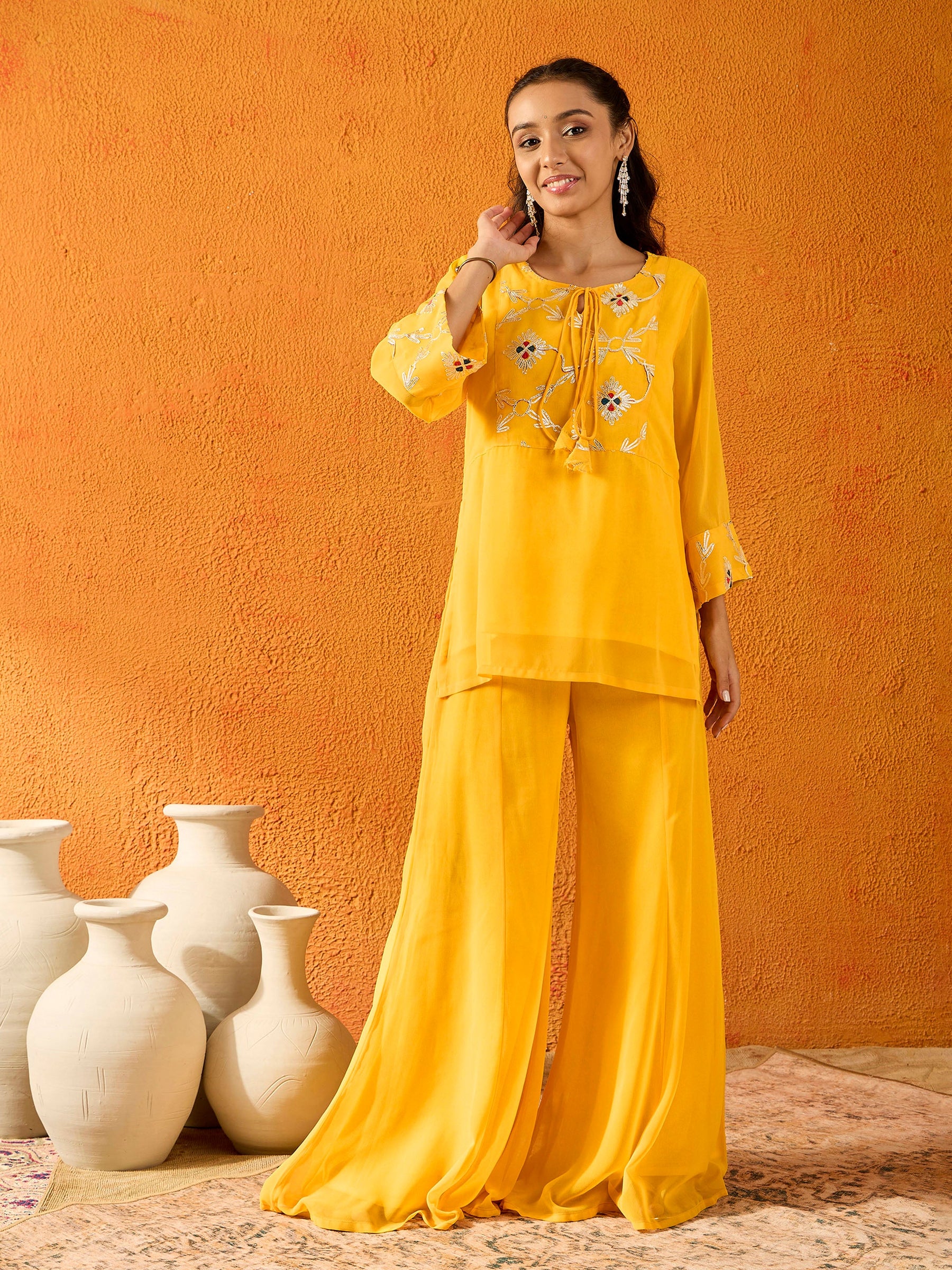 Yellow Gota Embroidered Top With Palazzos-Noh.Voh