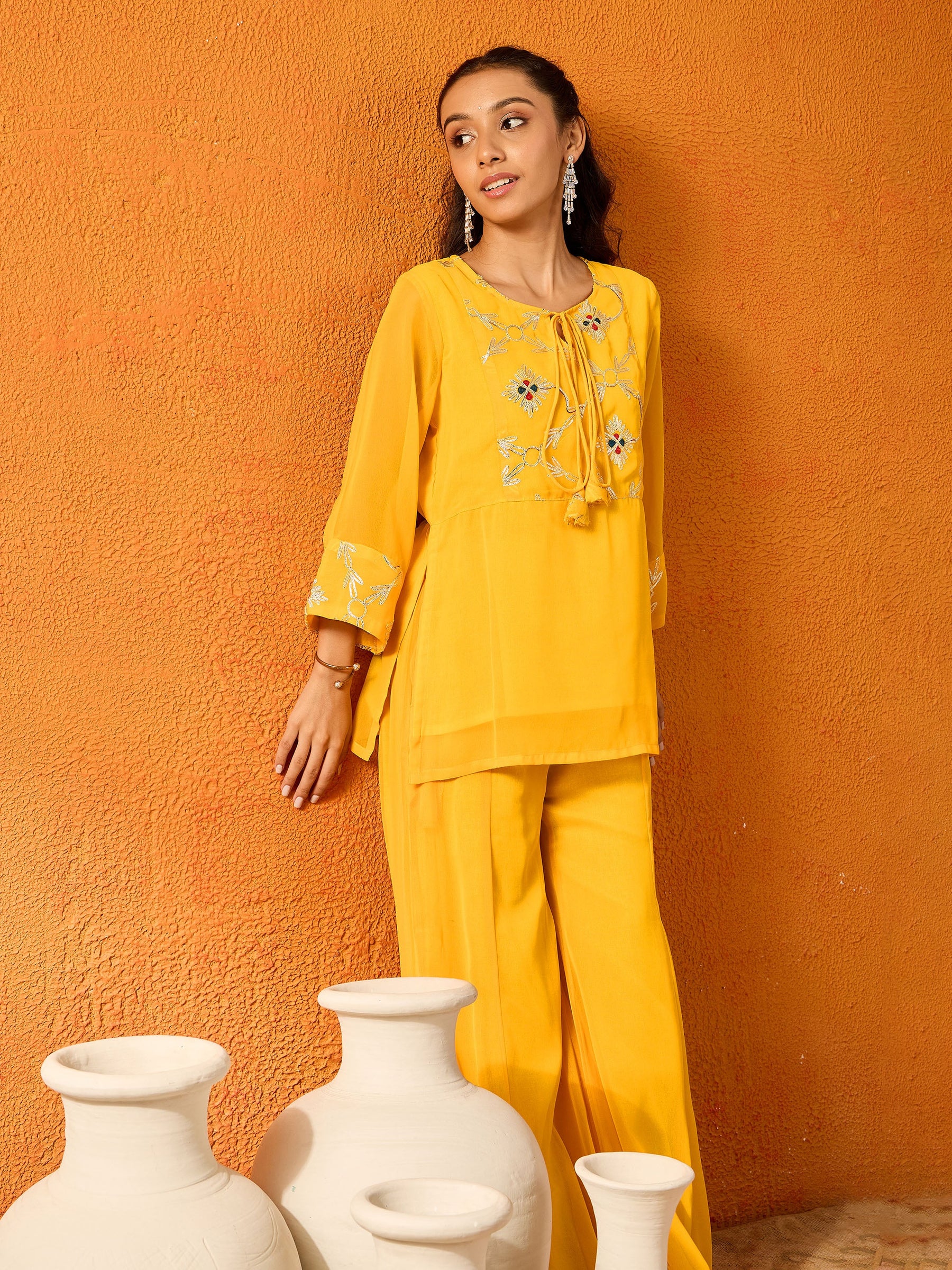 Yellow Gota Embroidered Top With Palazzos-Noh.Voh