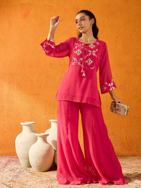 Fuchsia Gota Embroidered Top With Palazzos-Noh.Voh