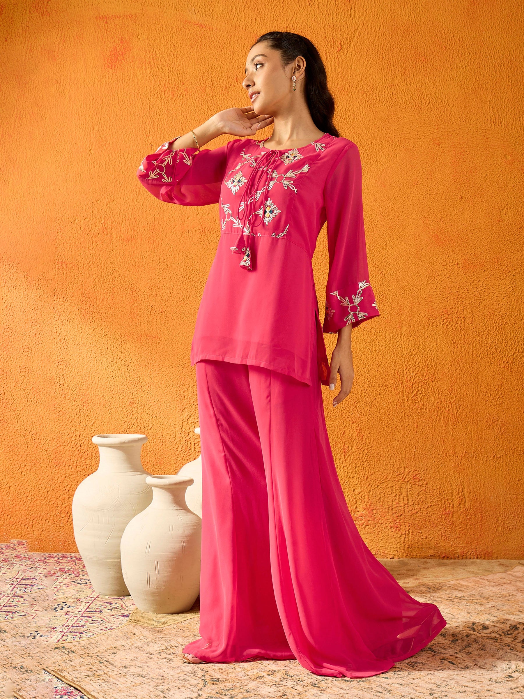 Fuchsia Gota Embroidered Top With Palazzos-Noh.Voh