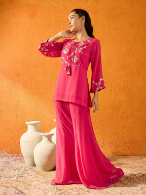 Fuchsia Gota Embroidered Top With Palazzos-Noh.Voh