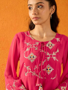 Fuchsia Gota Embroidered Top With Palazzos-Noh.Voh