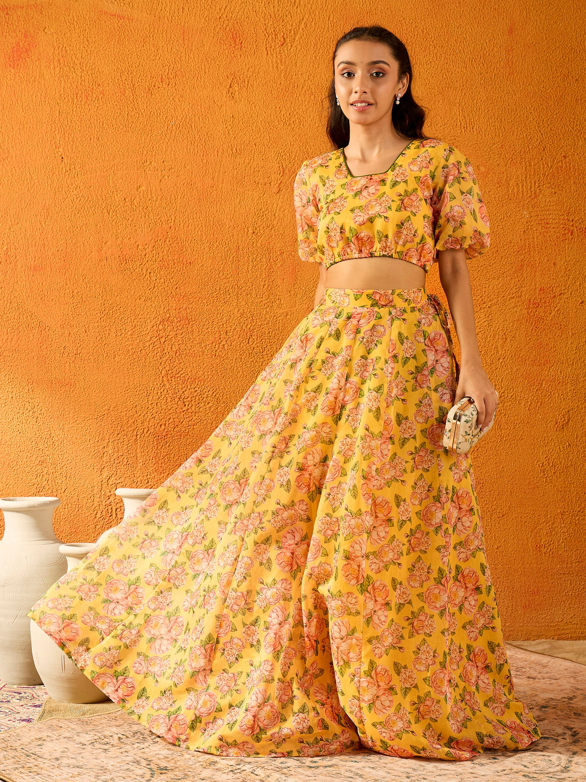 Yellow Floral Skirt With Crop Top-Noh.Voh