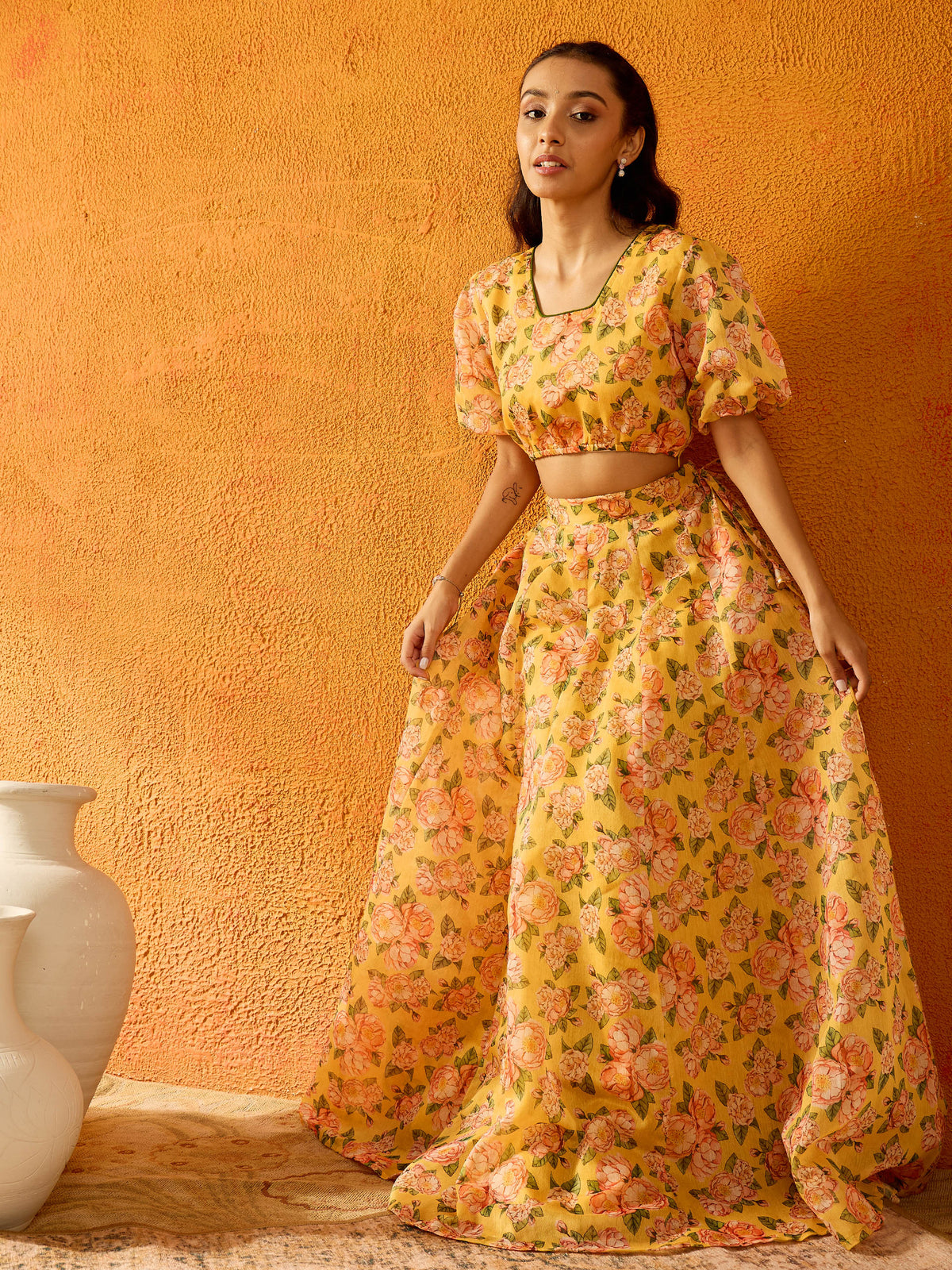 Yellow Floral Skirt With Crop Top-Noh.Voh