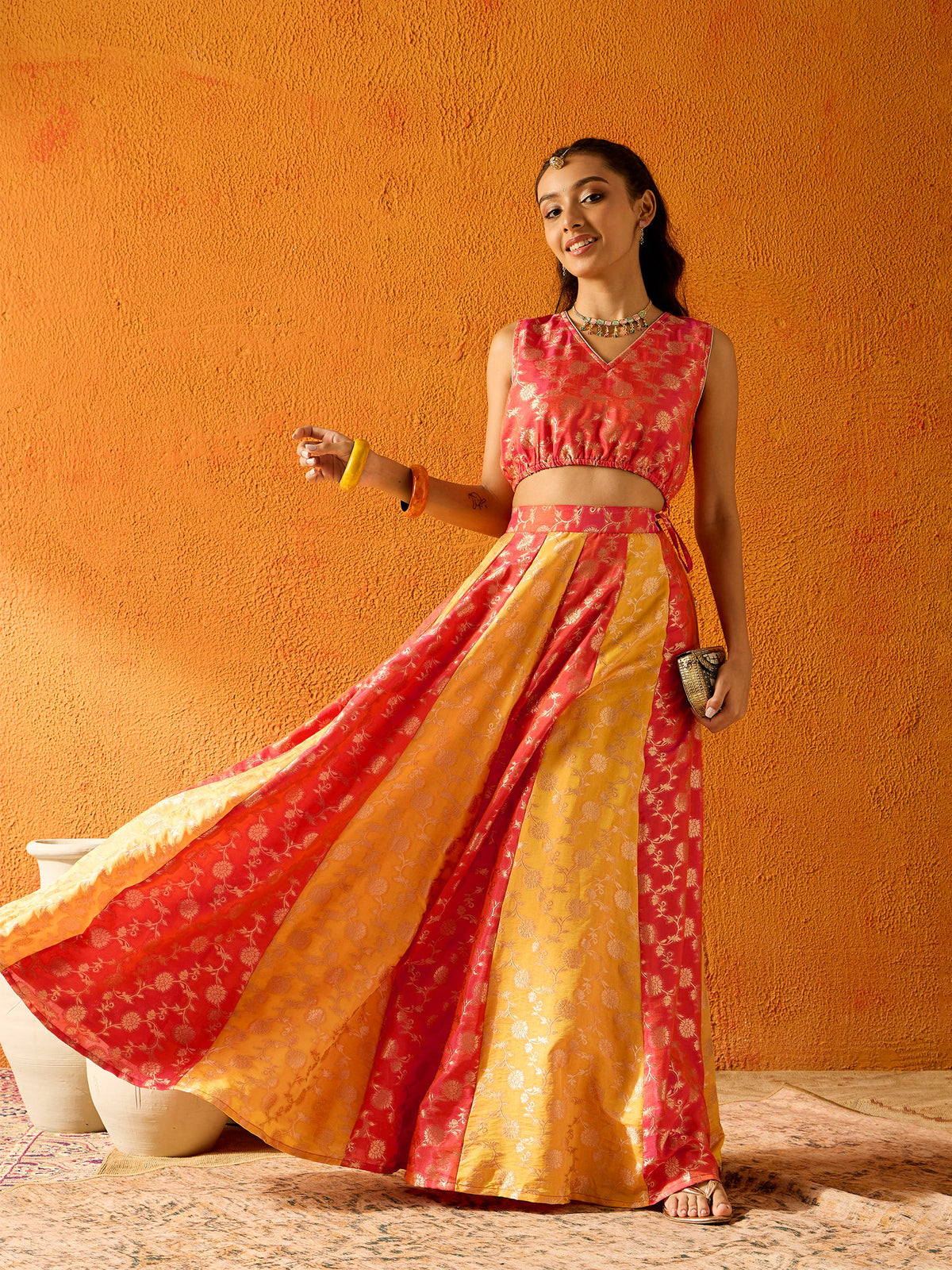 Yellow & Orange Brocade Skirt With Crop Top-Noh.Voh