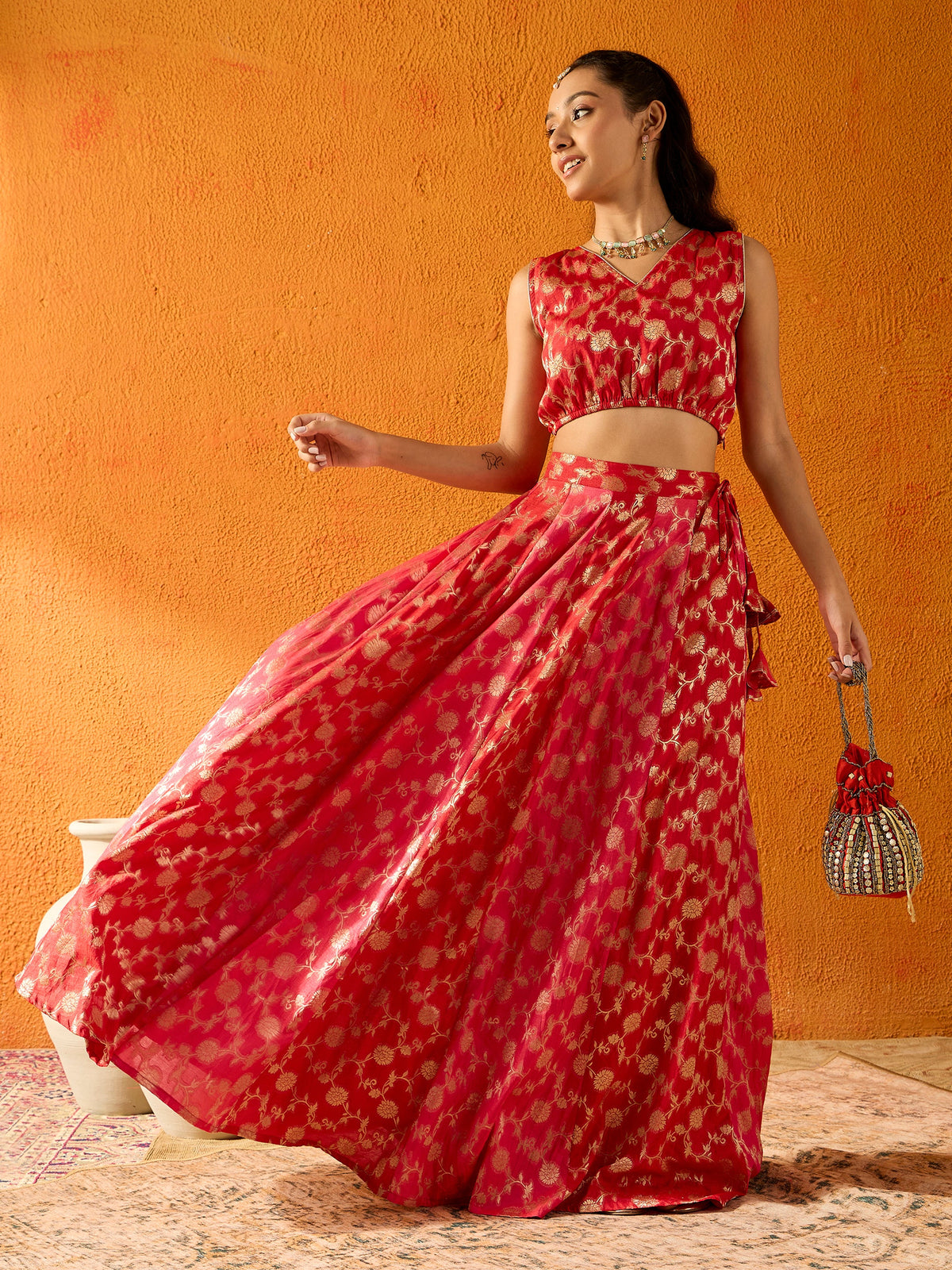 Red &Fuchsia Brocade Skirt With Crop Top-Noh.Voh