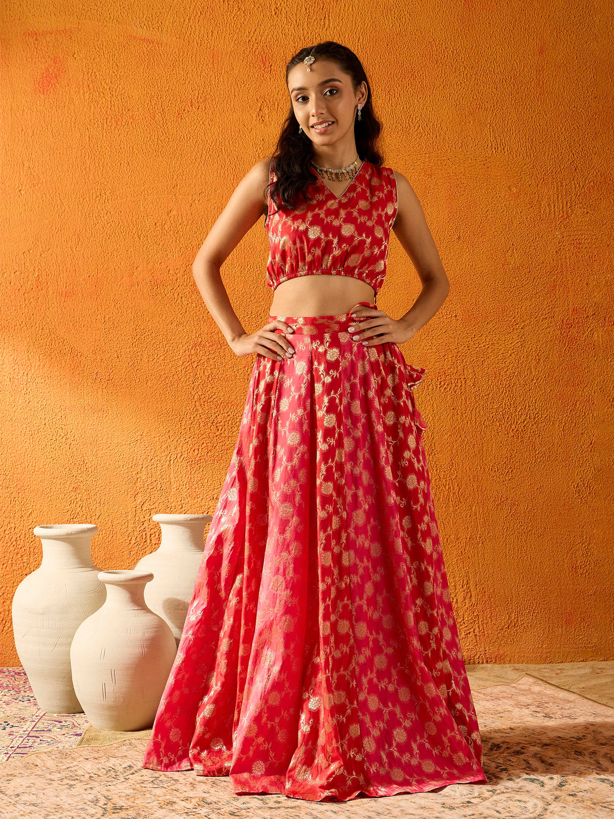 Red &Fuchsia Brocade Skirt With Crop Top-Noh.Voh