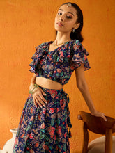 Navy Blue Floral Skirt With Crop Top-Noh.Voh