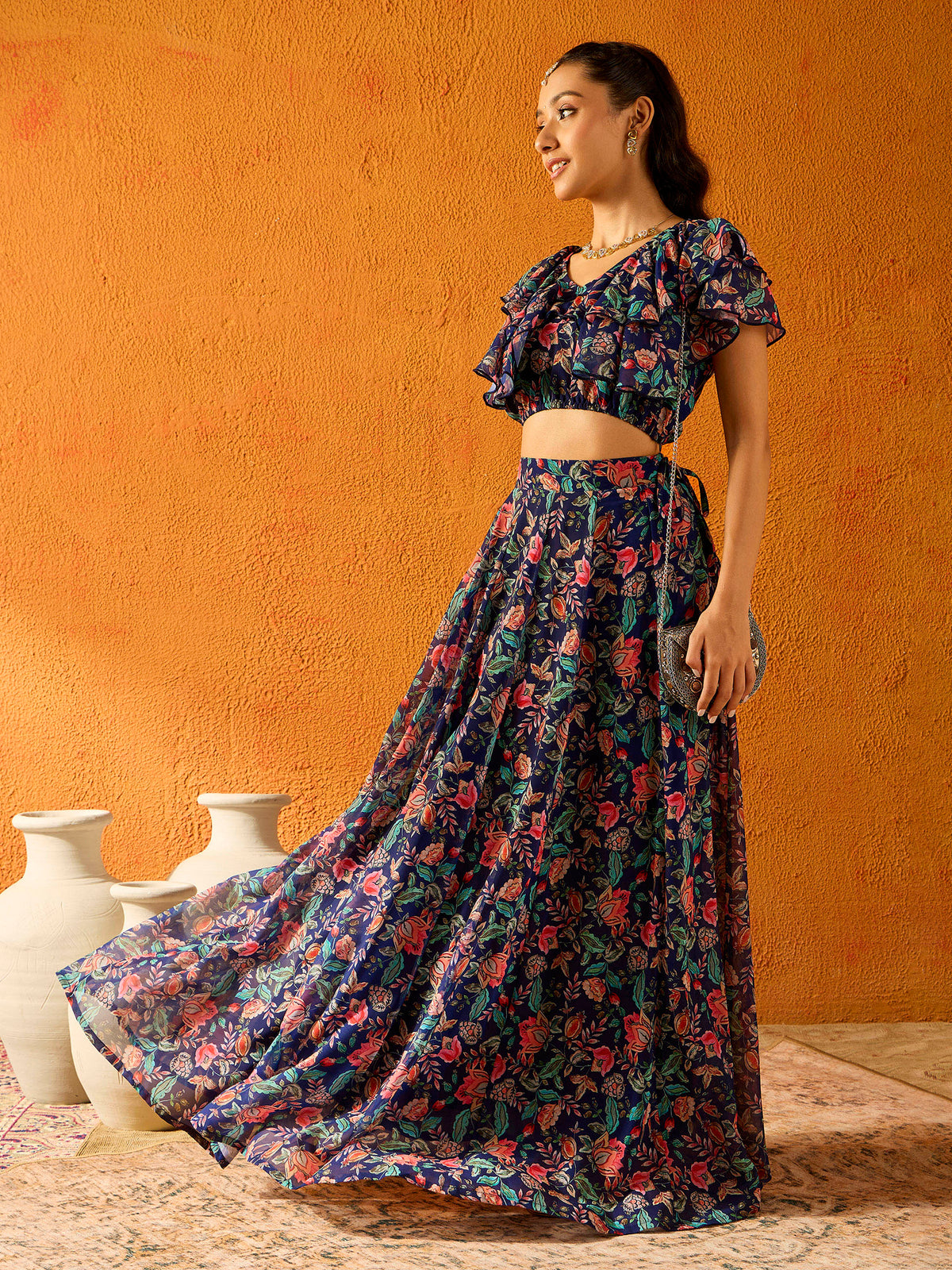 Navy Blue Floral Skirt With Crop Top-Noh.Voh