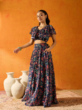 Navy Blue Floral Skirt With Crop Top-Noh.Voh