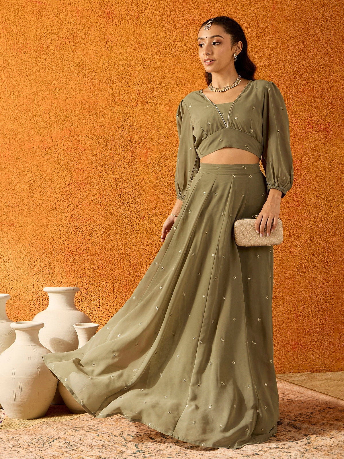 Olive Embroidered Skirt With Crop Top-Noh.Voh