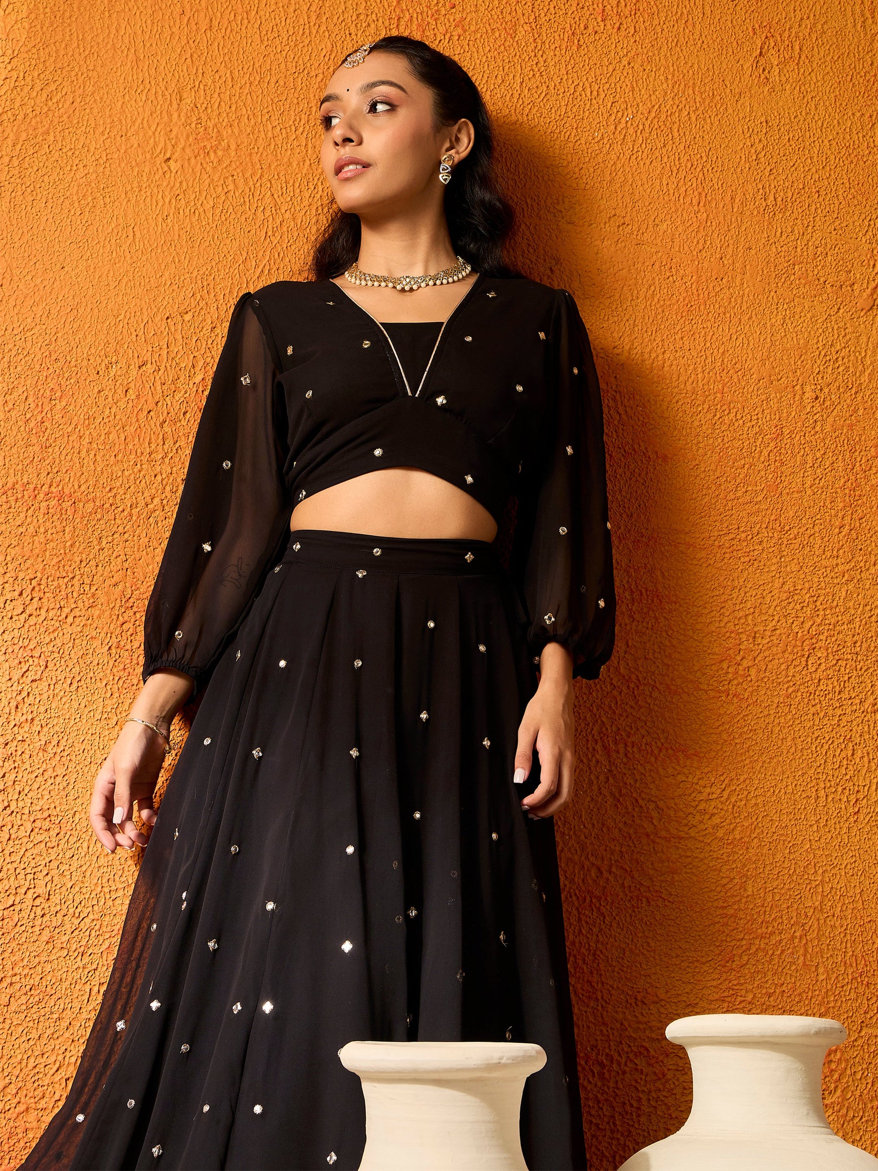 Black Embroidered Skirt With Crop Top-Noh.Voh