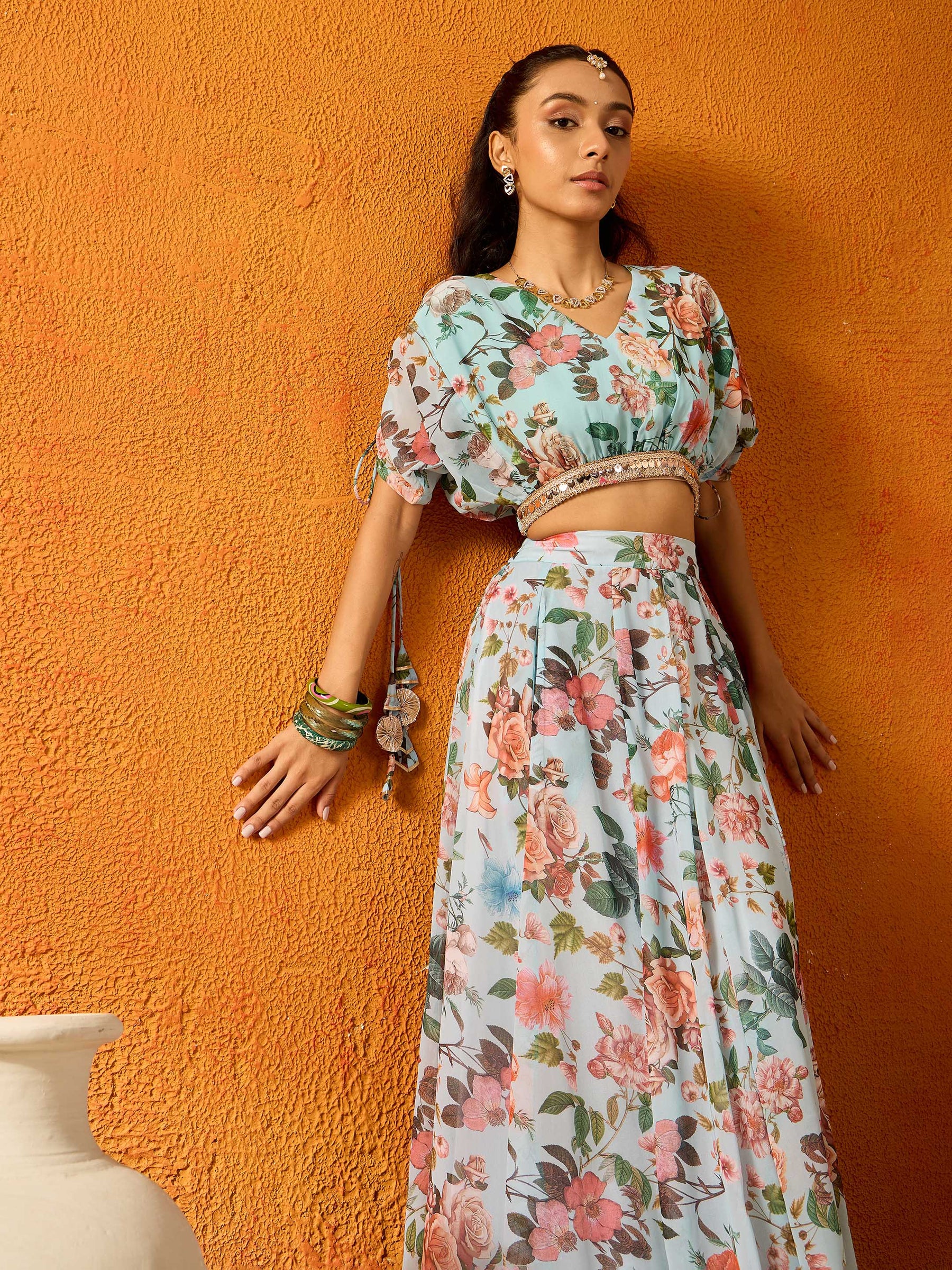 Crop Top Chiffon Skirt And Matching Top Chiffon Skirt And Matching