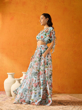 Blue Floral Skirt With Crop Top -Noh.Voh