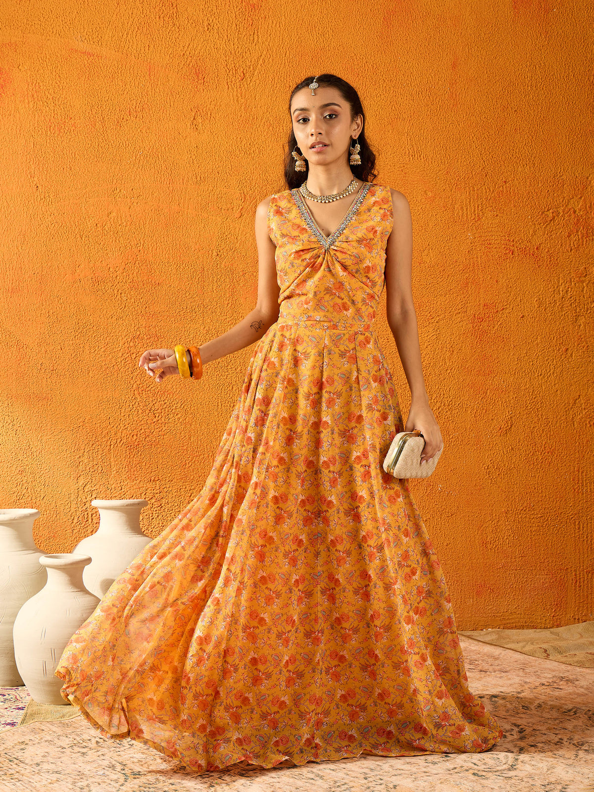 Yellow Floral Anarkali Skirt With Sleeveless Crop Top-Noh.Voh