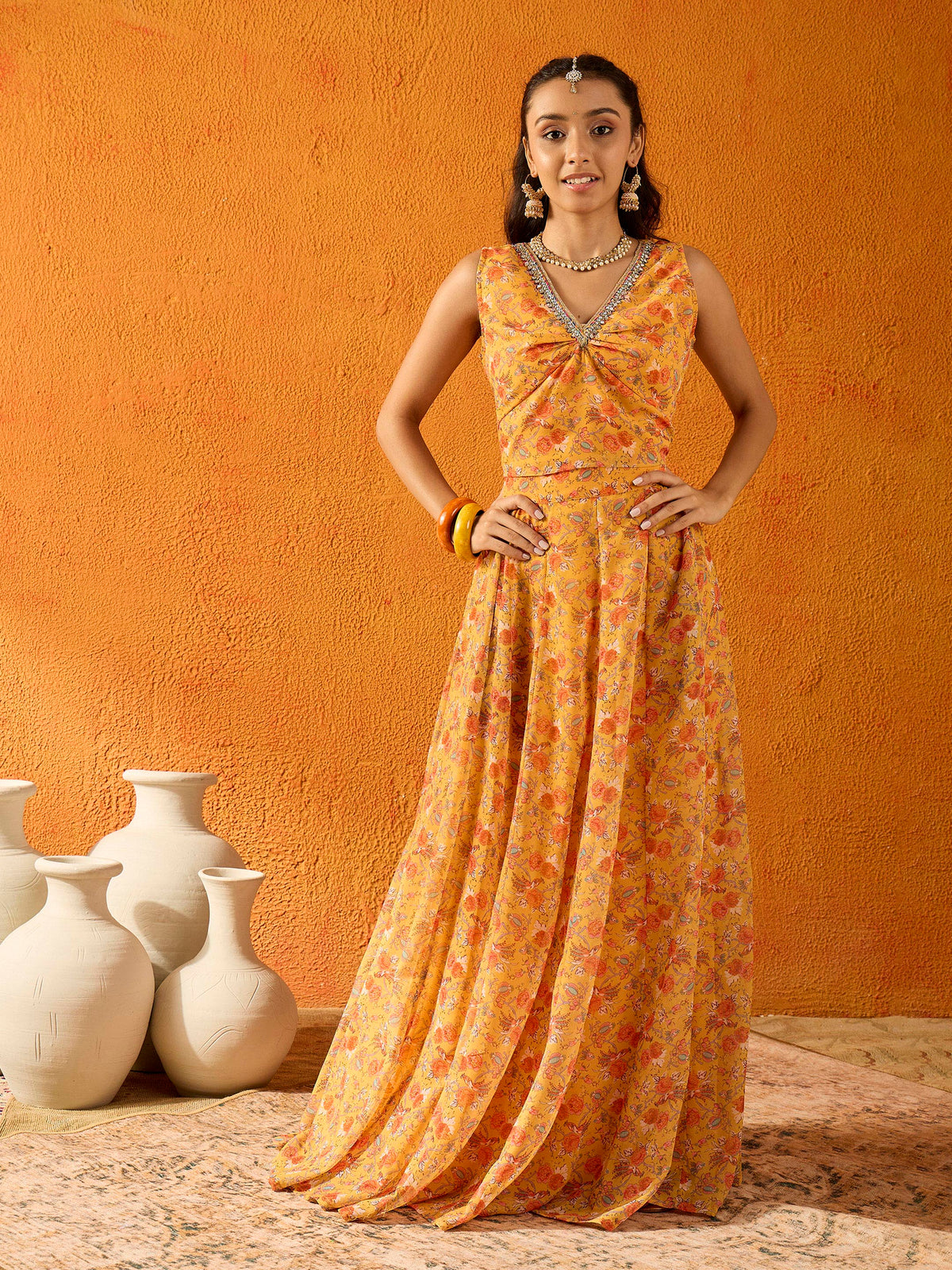 Yellow Floral Anarkali Skirt With Sleeveless Crop Top-Noh.Voh