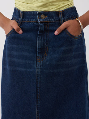 Navy Blue Denim Front Slit Straight Skirt -Noh.Voh 