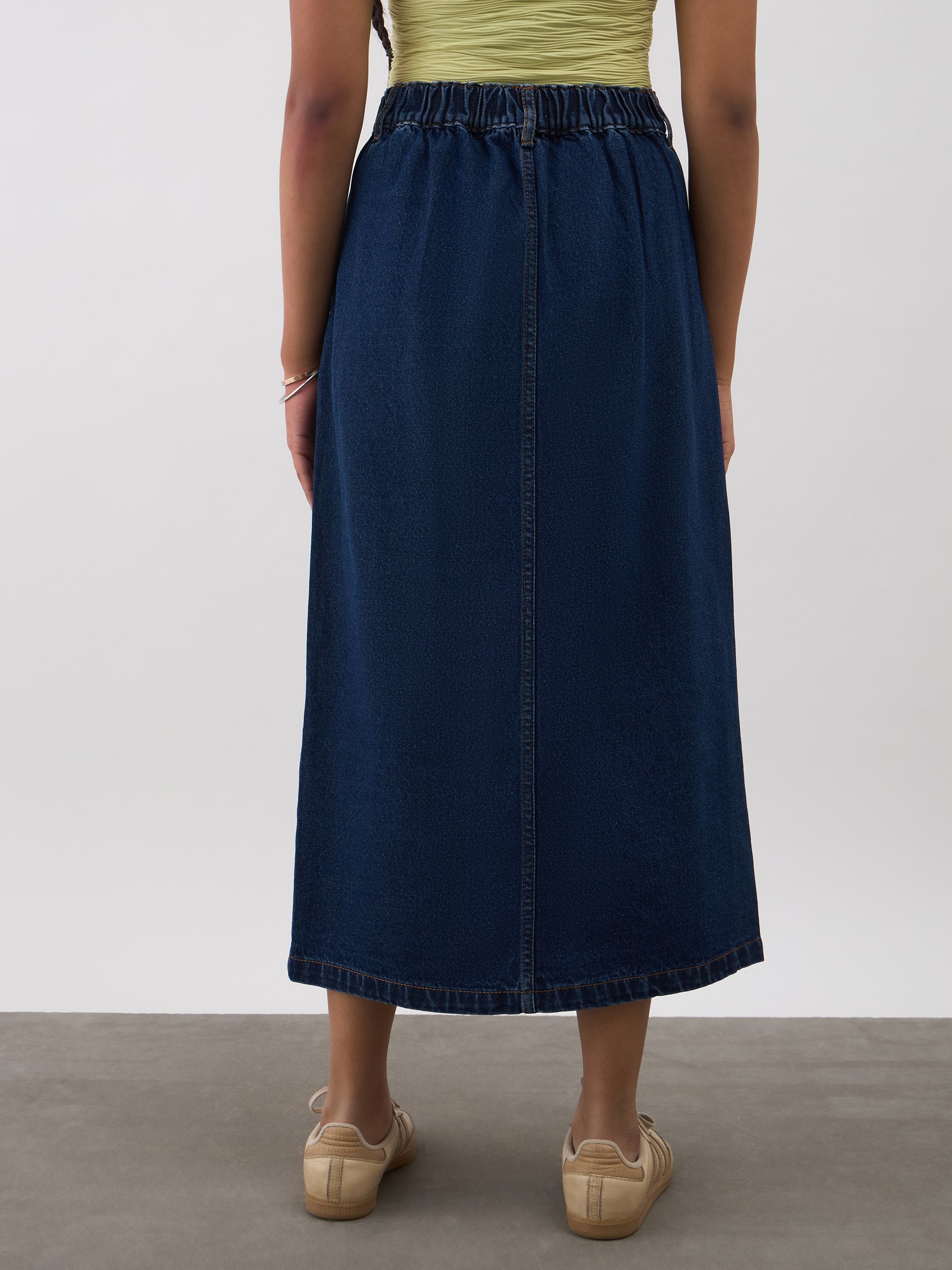 Girls Navy Blue Denim Front Slit Straight Skirt