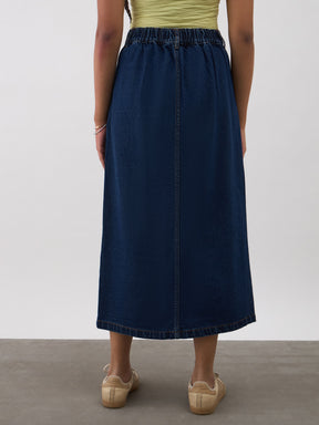 Girls Navy Blue Denim Front Slit Straight Skirt