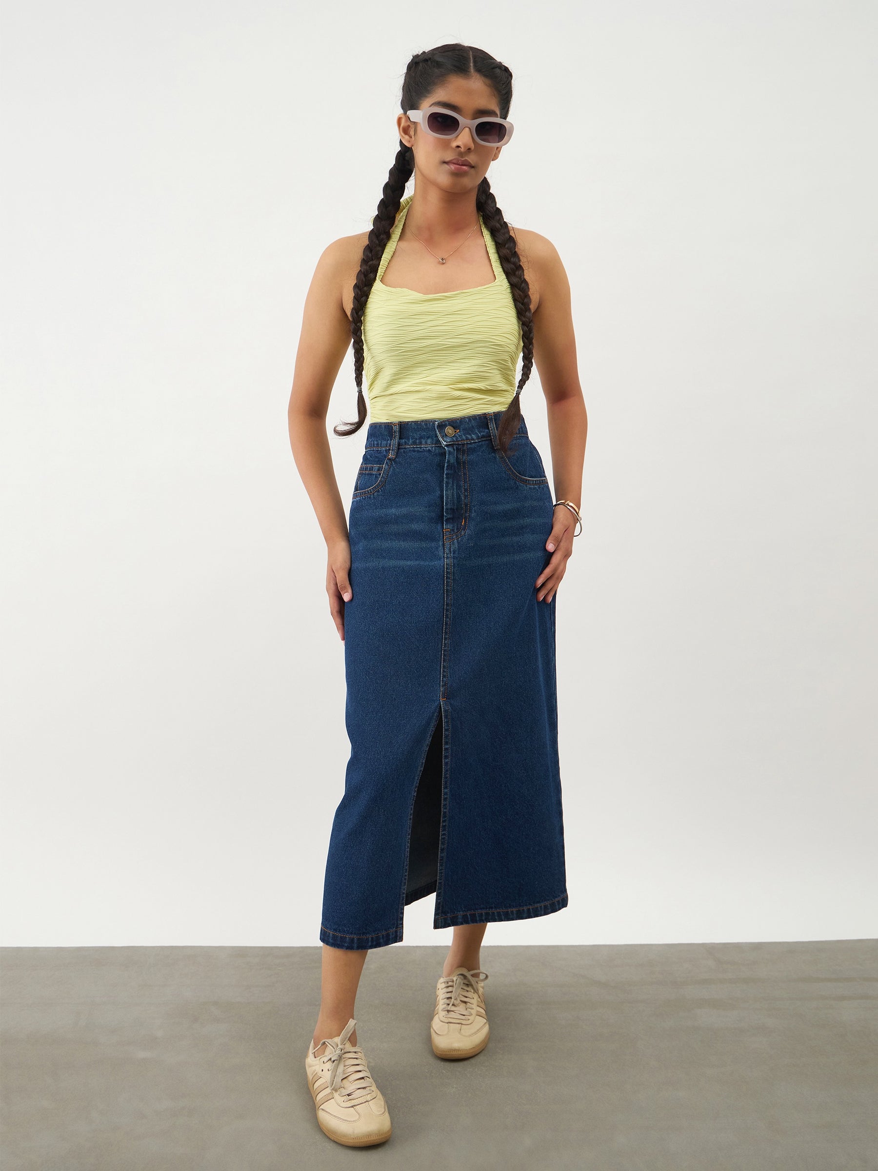 Girls Navy Blue Denim Front Slit Straight Skirt