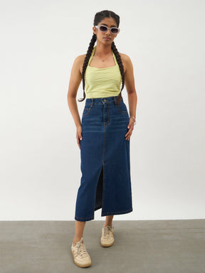 Girls Navy Blue Denim Front Slit Straight Skirt