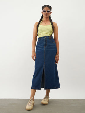 Girls Navy Blue Denim Front Slit Straight Skirt