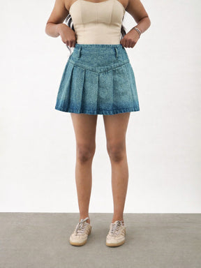 Green Acid Wash Denim Box Pleat Mini Skirt -Noh.Voh 