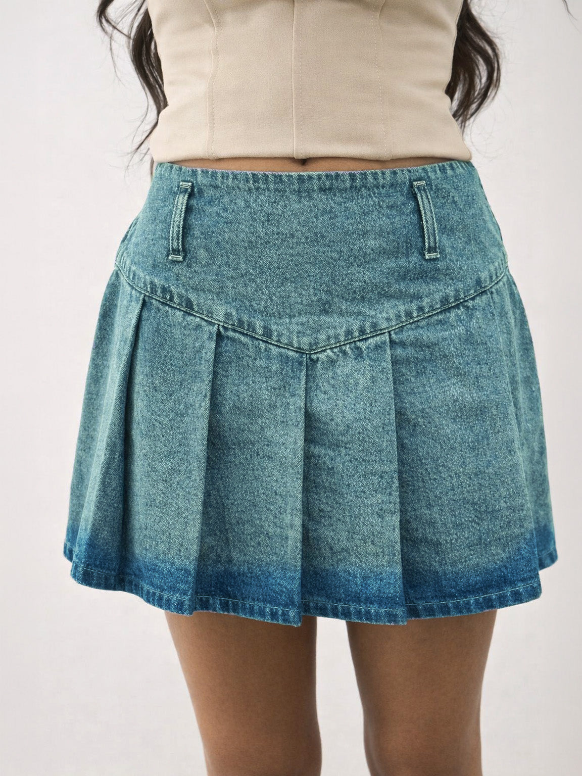 Green Acid Wash Denim Box Pleat Mini Skirt -Noh.Voh 