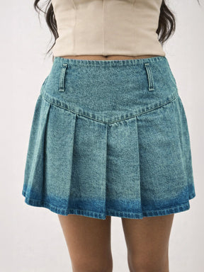 Green Acid Wash Denim Box Pleat Mini Skirt -Noh.Voh 