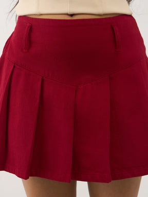 Red Denim Box Pleat Mini Skirt -Noh.Voh 