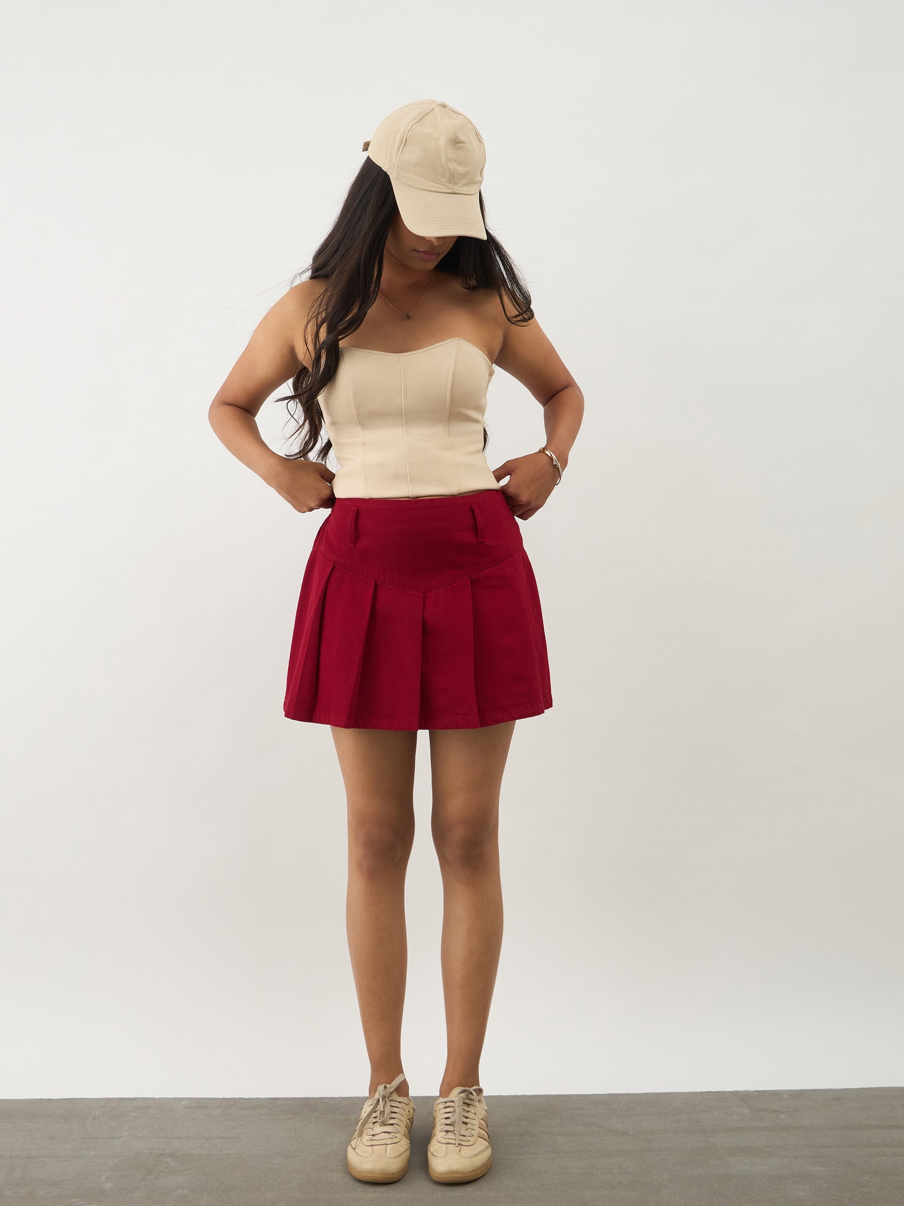 Girls Red Denim Box Pleat Mini Skirt