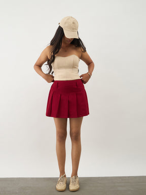 Girls Red Denim Box Pleat Mini Skirt