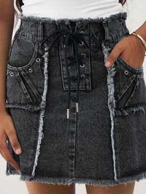 Black Washed Denim Front Criss Cross Mini Skirt -Noh.Voh 
