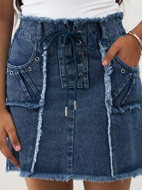 Blue Blast Denim Front Criss Cross Mini Skirt -Noh.Voh 