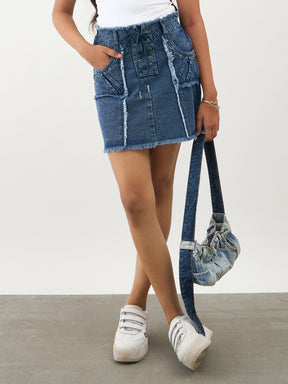 Girls Blue Blast Denim Front Criss Cross Mini Skirt