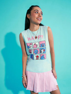 Blue Happy Print Sleeveless T-Shirt-Noh.Voh