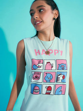 Blue Happy Print Sleeveless T-Shirt-Noh.Voh