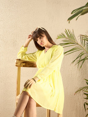 Yellow Wrap Full Sleeves Dress-SASSAFRAS