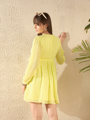 Yellow Wrap Full Sleeves Dress-SASSAFRAS