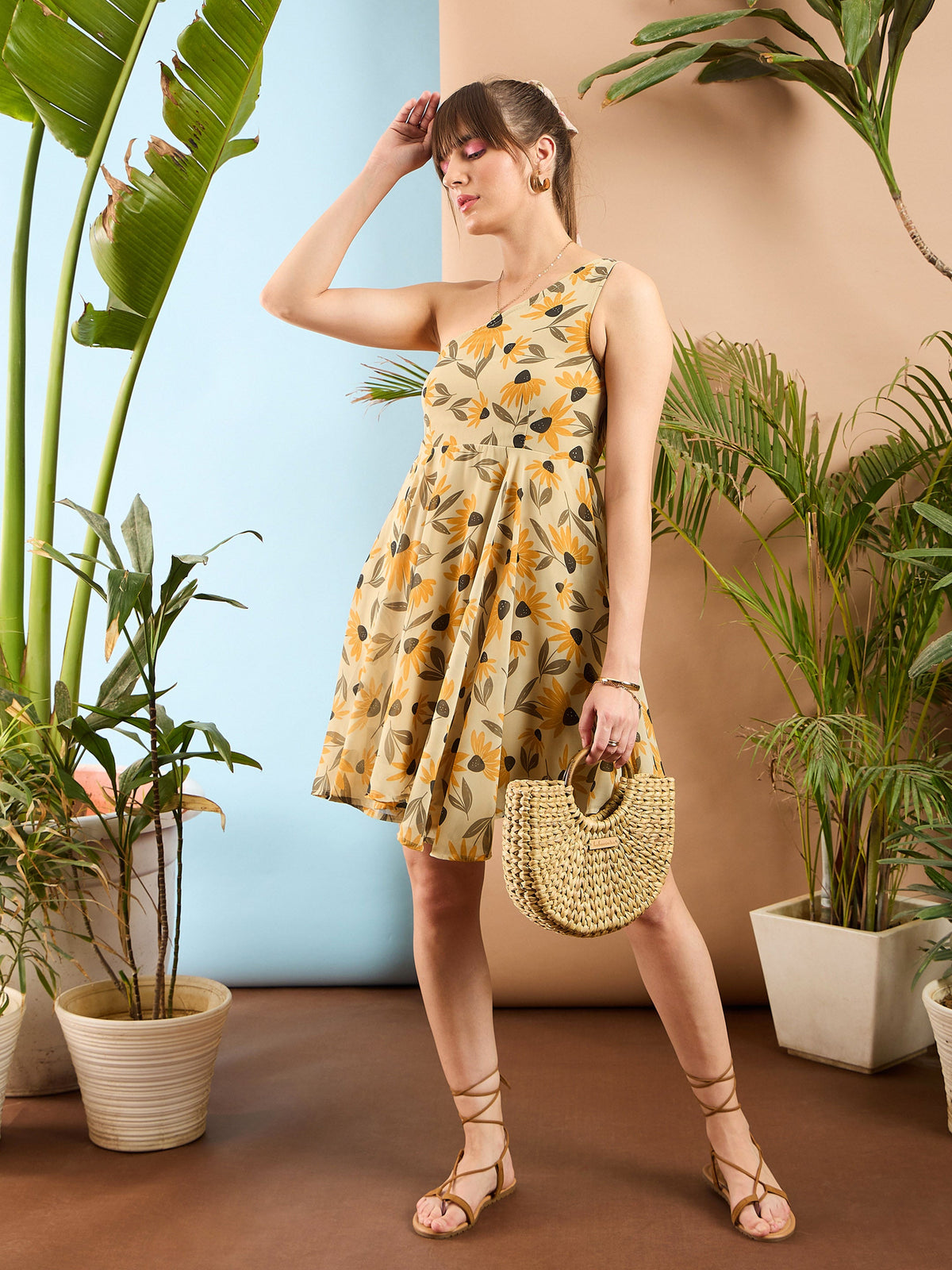 Yellow Floral Organza One Shoulder Dress-SASSAFRAS