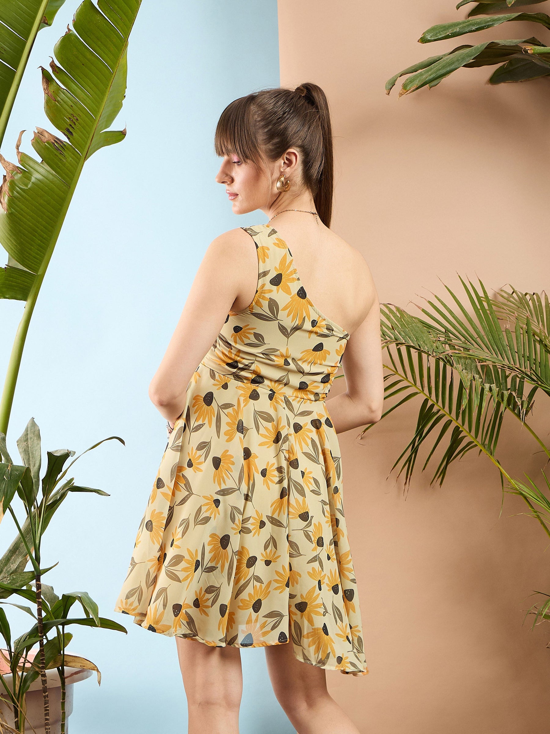 Yellow Floral Organza One Shoulder Dress-SASSAFRAS