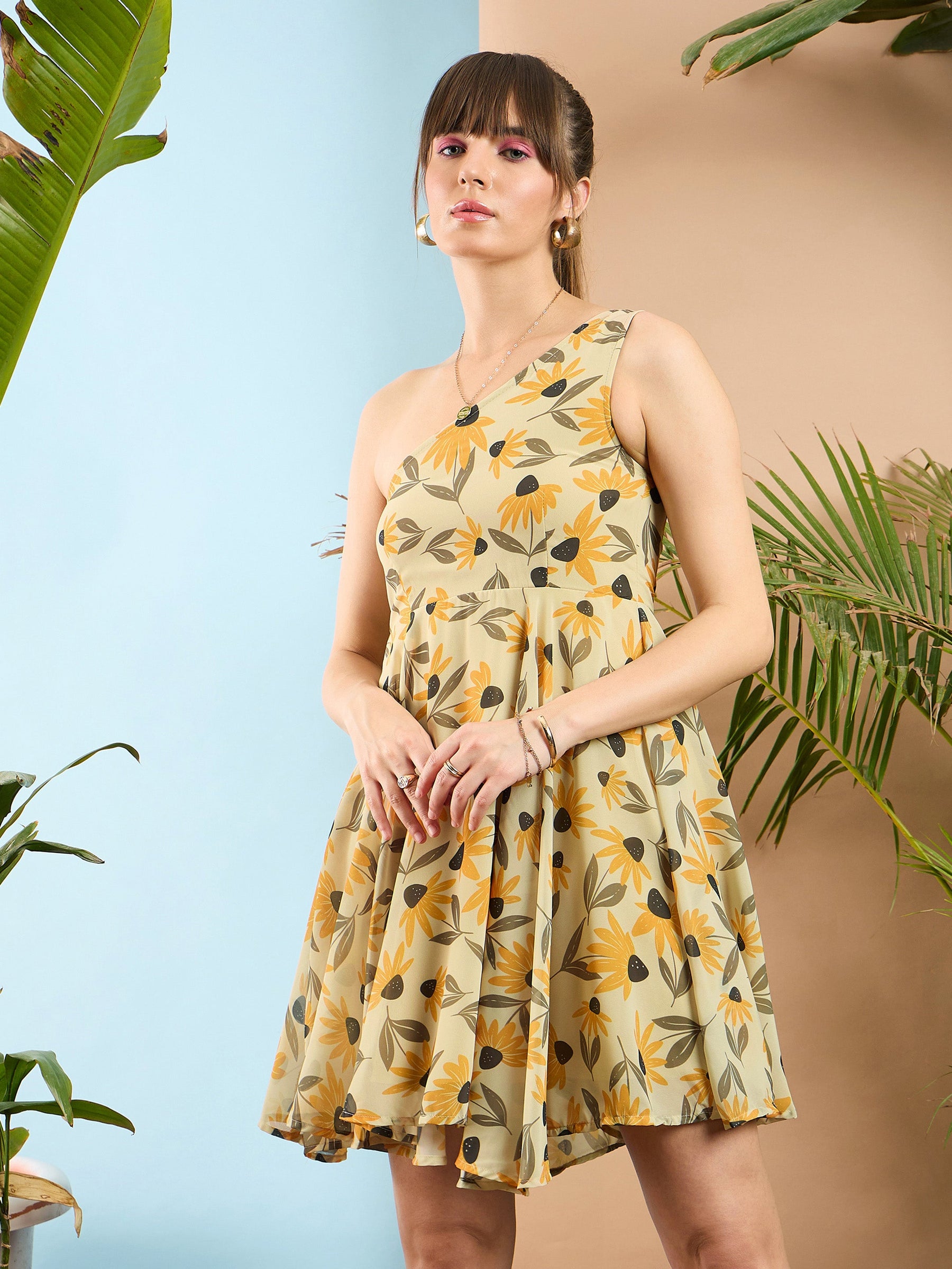 Yellow Floral Organza One Shoulder Dress-SASSAFRAS