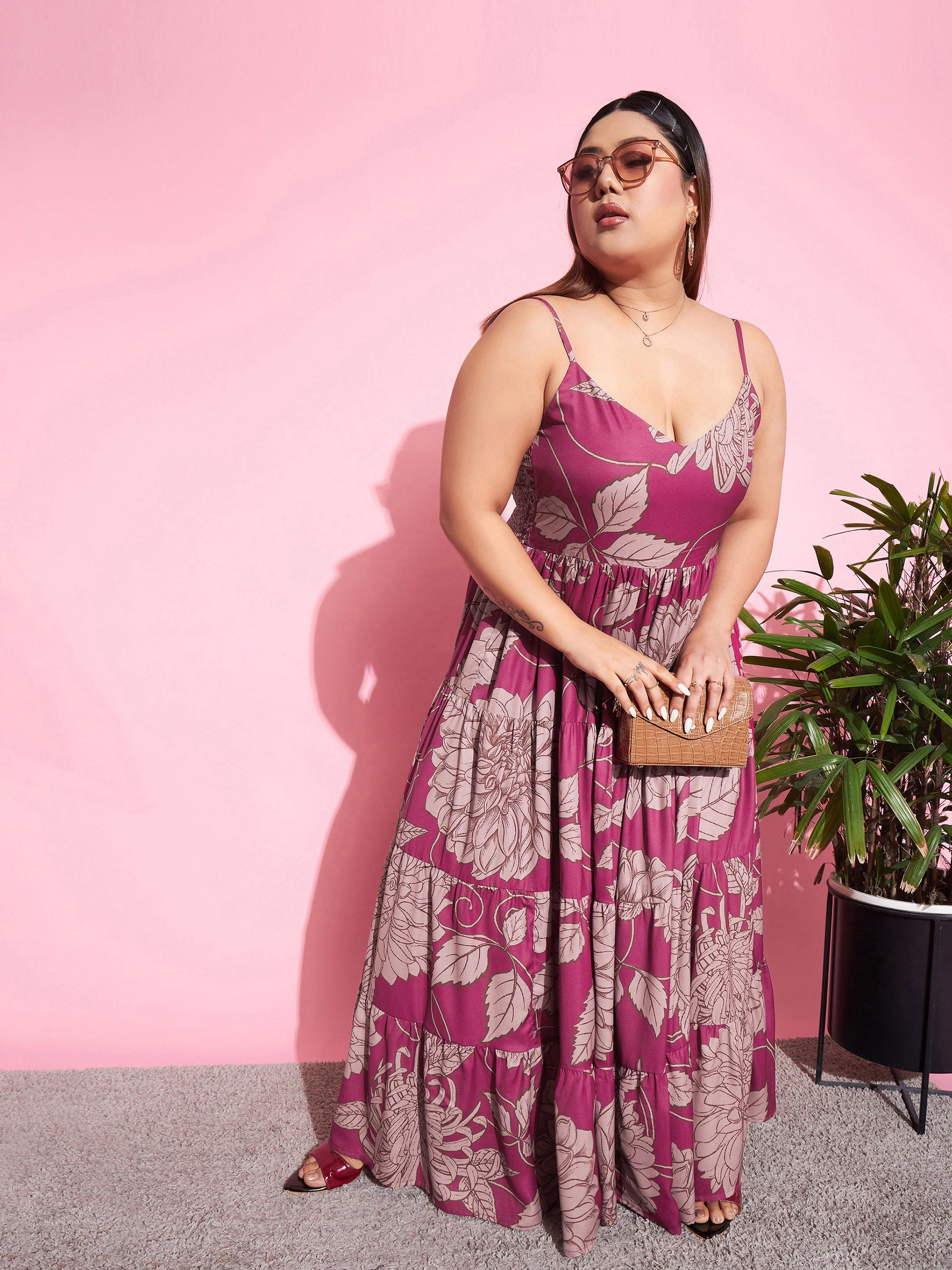 Women Magenta Floral Tiered Maxi Dress