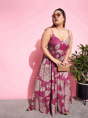 Women Magenta Floral Tiered Maxi Dress